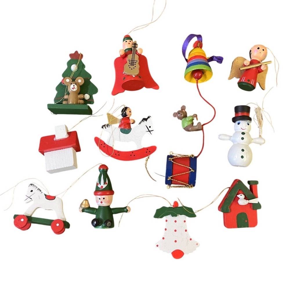 Vintage Wooden Christmas Ornaments Lot Of 12 1970s Hand-Painted Nice Collection